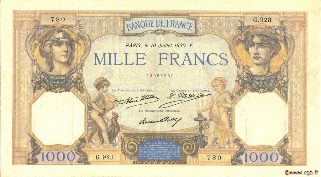 1000 Francs CÉRÈS ET MERCURE FRANKREICH  1930 F.37.05 fVZ