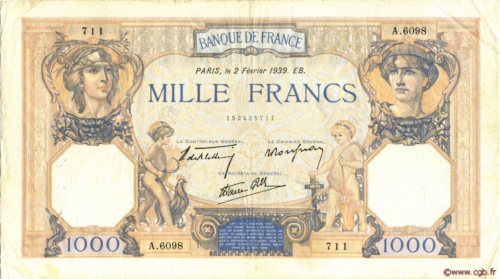 1000 Francs CÉRÈS ET MERCURE type modifié FRANCE  1939 F.38.34 TTB