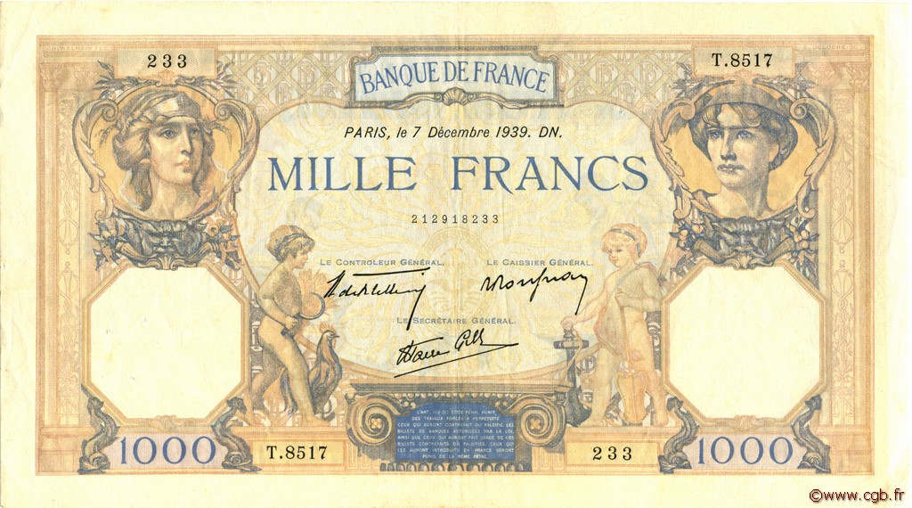 1000 Francs CÉRÈS ET MERCURE type modifié FRANCE  1939 F.38.40 TTB+