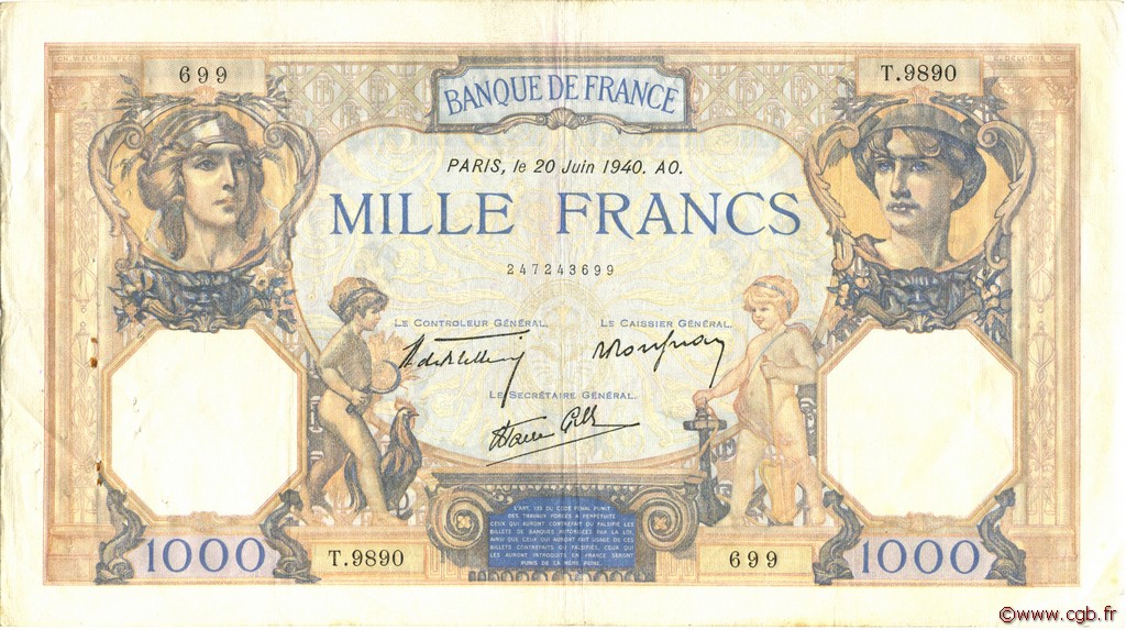 1000 Francs CÉRÈS ET MERCURE type modifié FRANCE  1940 F.38.49 TTB