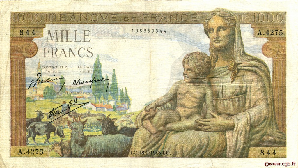 1000 Francs DÉESSE DÉMÉTER FRANCE  1943 F.40.19 TB