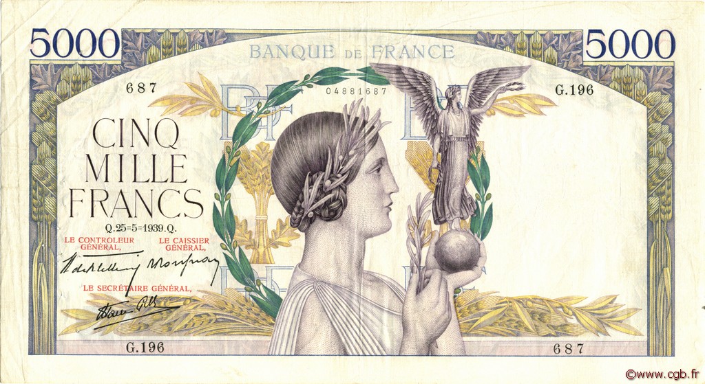 5000 Francs VICTOIRE Impression à plat FRANCE  1939 F.46.06 TTB