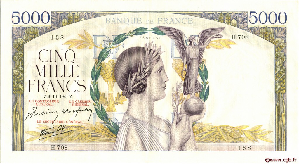 5000 Francs VICTOIRE Impression à plat FRANKREICH  1941 F.46.27 VZ to fST