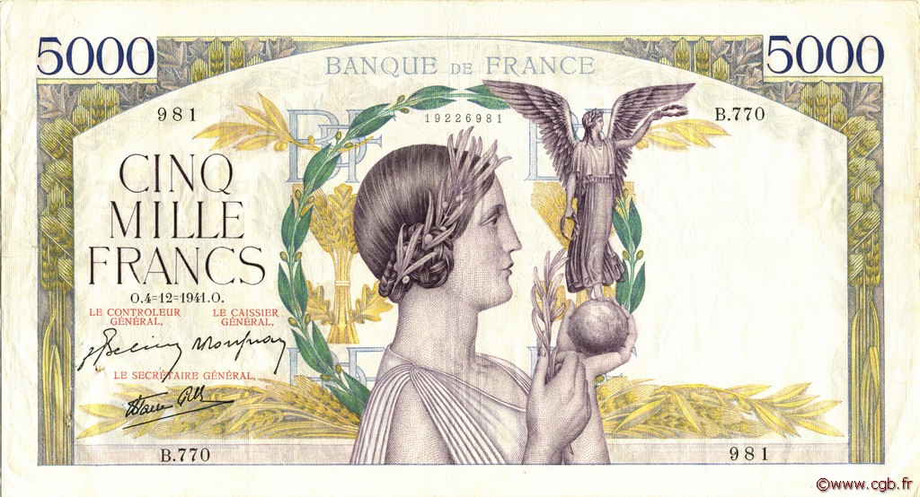 5000 Francs VICTOIRE Impression à plat FRANCE  1941 F.46.30 TTB