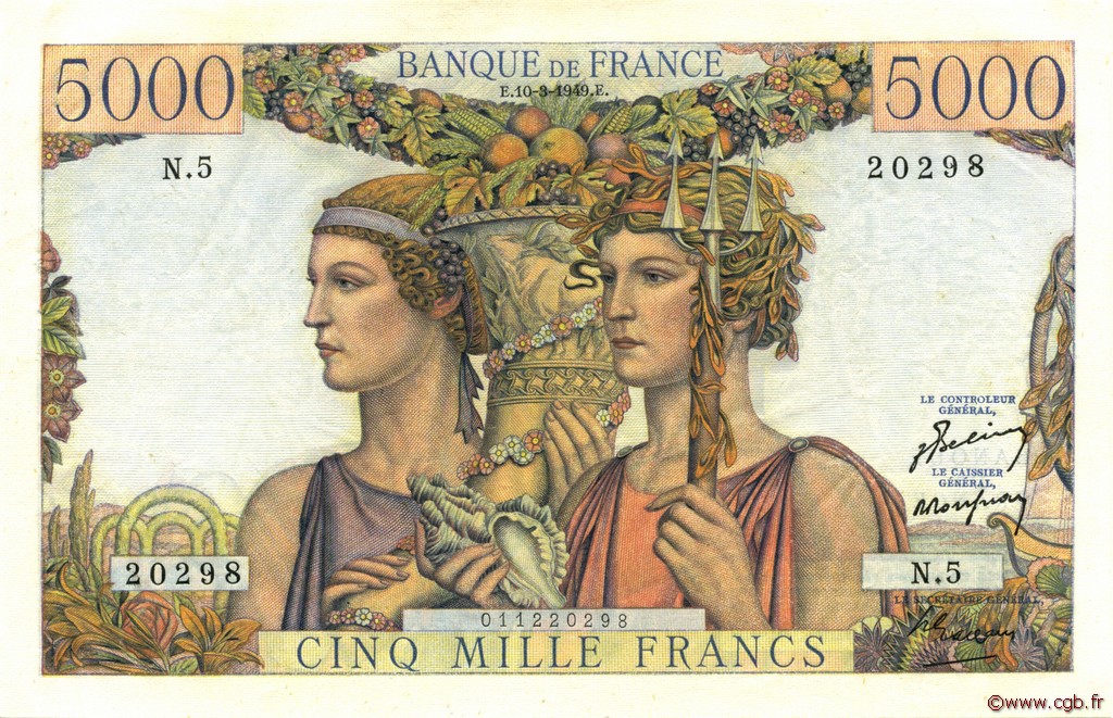 5000 Francs TERRE ET MER FRANCE  1949 F.48.01 SUP à SPL