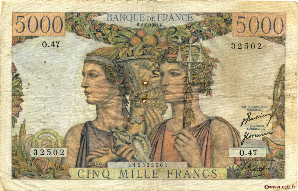 5000 Francs TERRE ET MER FRANCE  1951 F.48.03 B