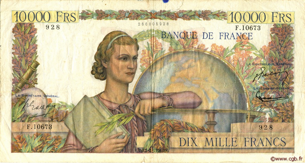 10000 Francs GÉNIE FRANÇAIS FRANCE  1956 F.50.79 TB