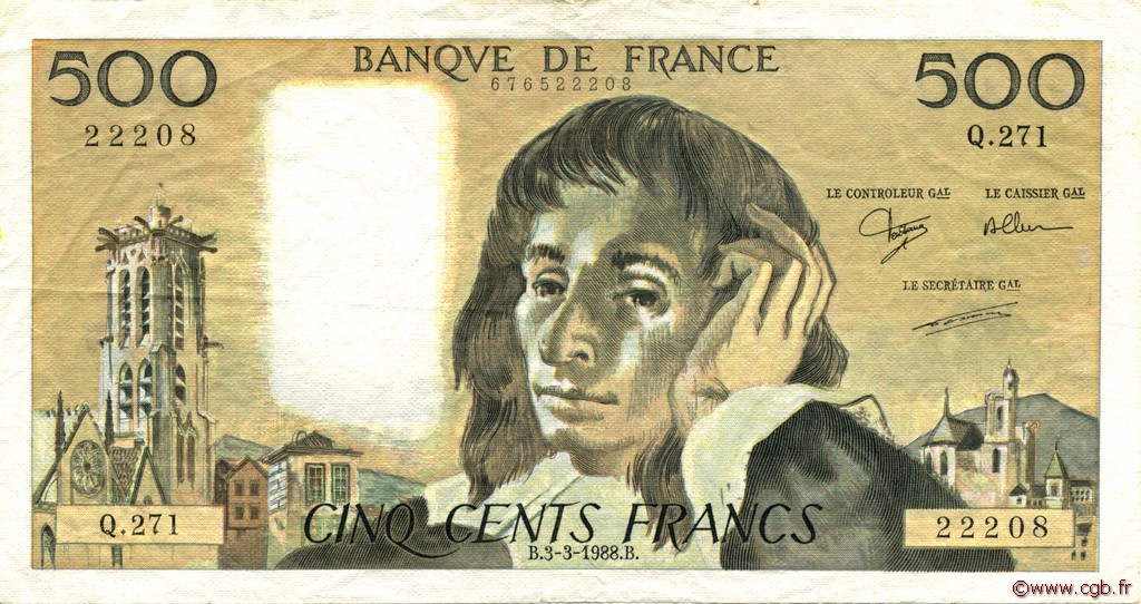 500 Francs PASCAL FRANCE  1988 F.71.38 TTB
