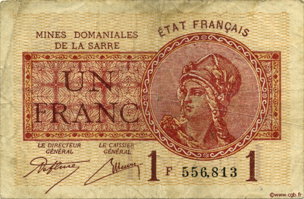 1 Franc MINES DOMANIALES DE LA SARRE FRANCE  1920 VF.51.06 pr.TB