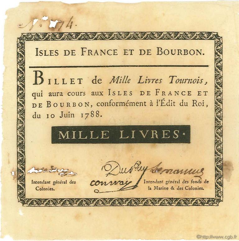 1000 Livres ISLES DE FRANCE ET BOURBON  1788 P.13 TTB