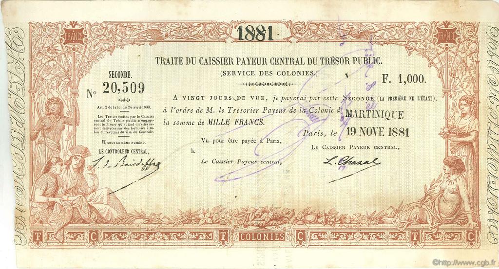 1000 Francs MARTINIQUE  1881 P.-- VF - XF