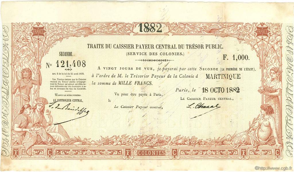 1000 Francs MARTINIQUE  1882 P.-- MBC a EBC