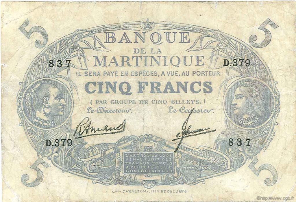 5 Francs Cabasson bleu MARTINIQUE  1945 P.06B B+