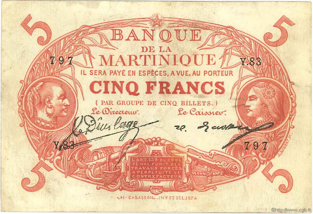 5 Francs Cabasson rouge MARTINIQUE  1922 P.06A TTB
