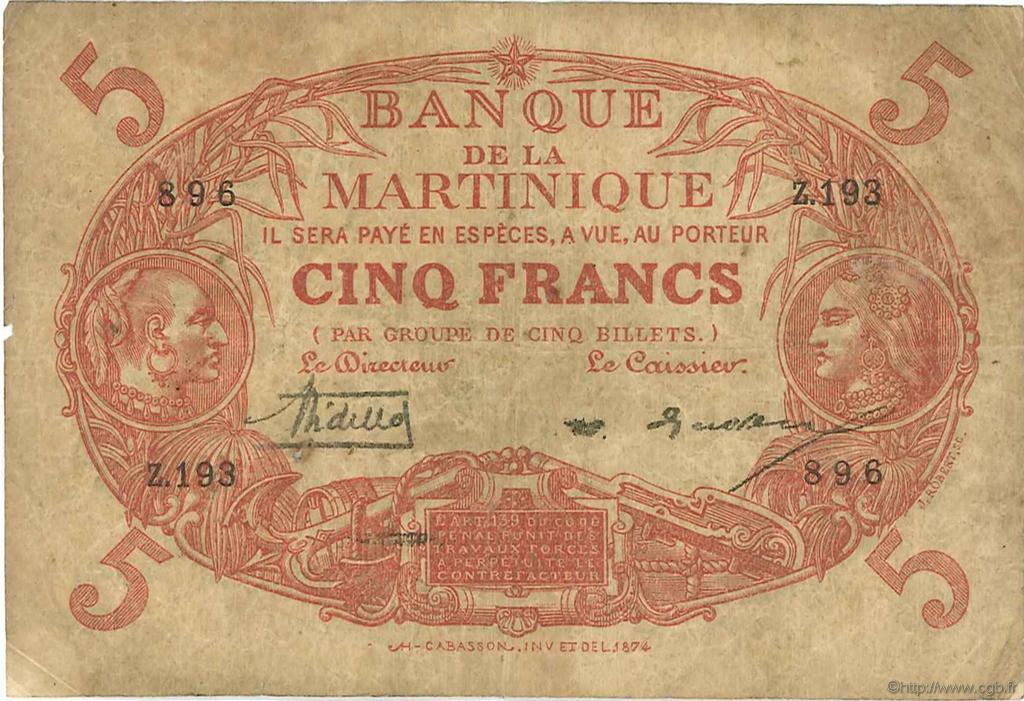 5 Francs Cabasson rouge MARTINIQUE  1929 P.06A B+