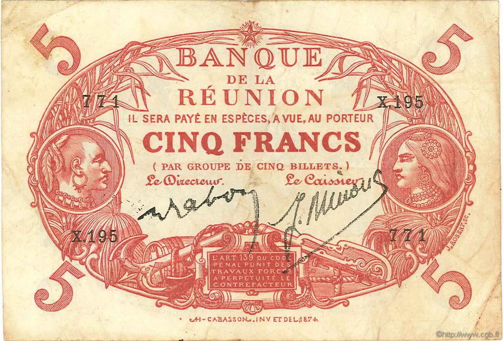 5 Francs Cabasson rouge ÎLE DE LA RÉUNION  1944 P.14 TB à TTB