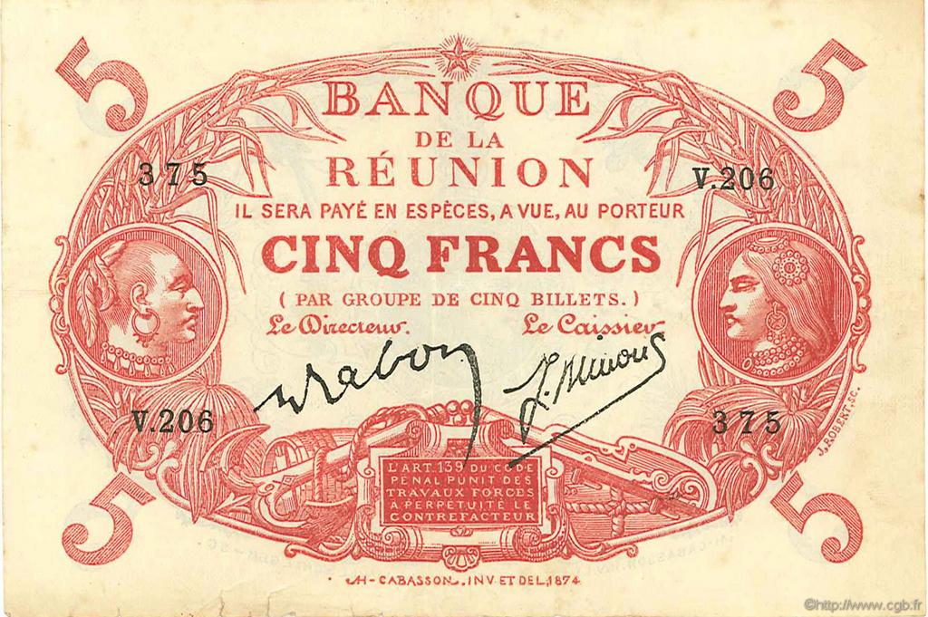 5 Francs Cabasson rouge ÎLE DE LA RÉUNION  1944 P.14 TTB