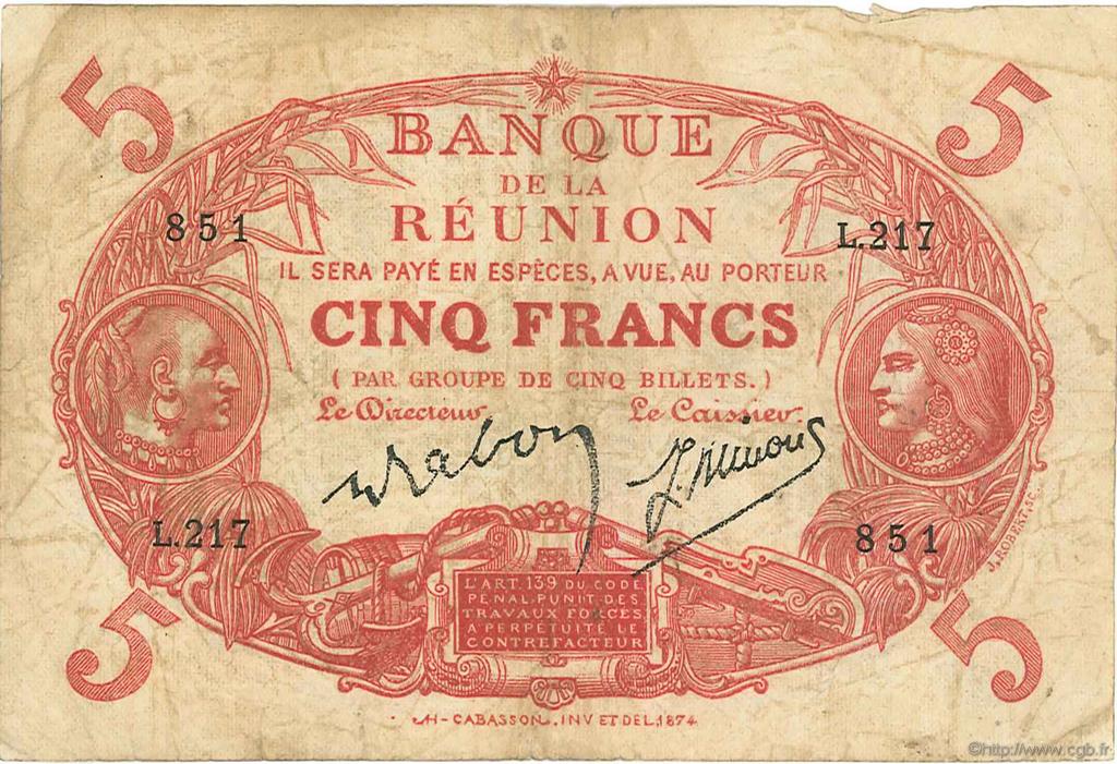 5 Francs Cabasson rouge ÎLE DE LA RÉUNION  1944 P.14 pr.TB