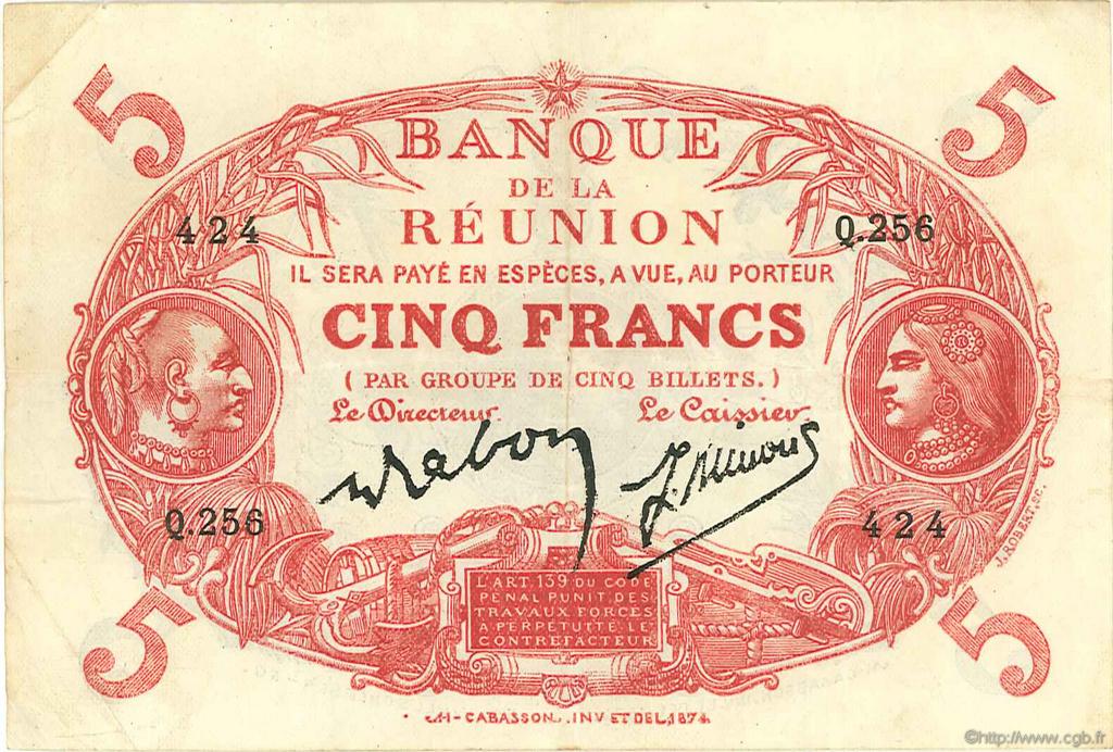 5 Francs Cabasson rouge ÎLE DE LA RÉUNION  1944 P.14 TTB