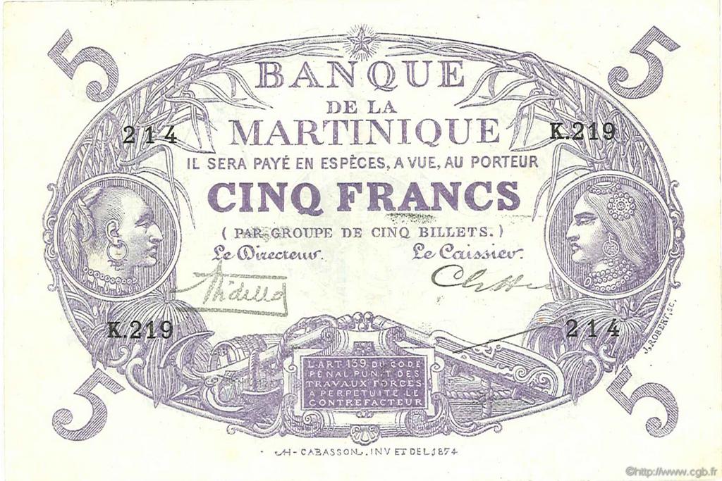 5 Francs Cabasson violet MARTINIQUE  1932 P.06 SUP