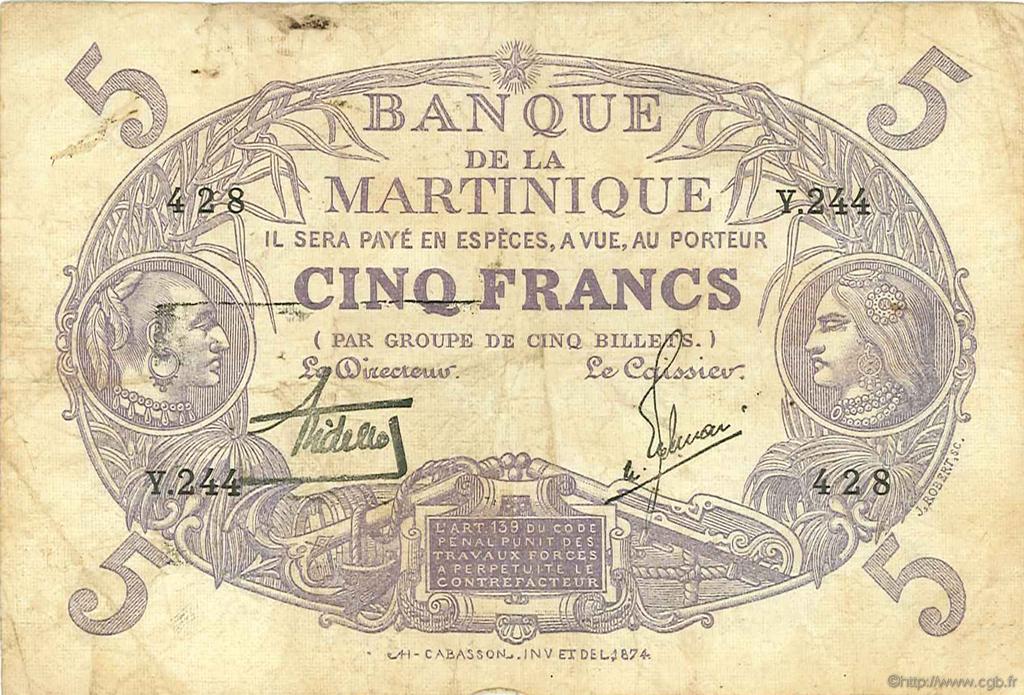 5 Francs Cabasson violet MARTINIQUE  1934 P.06 TB