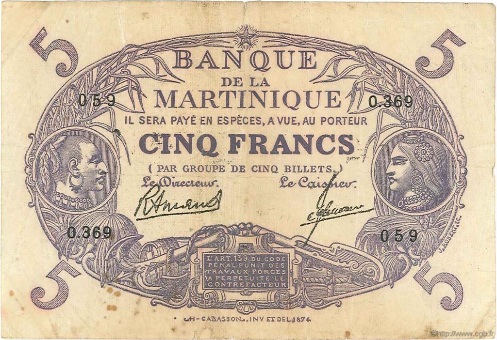 5 Francs Cabasson violet MARTINIQUE  1946 P.06C TB+