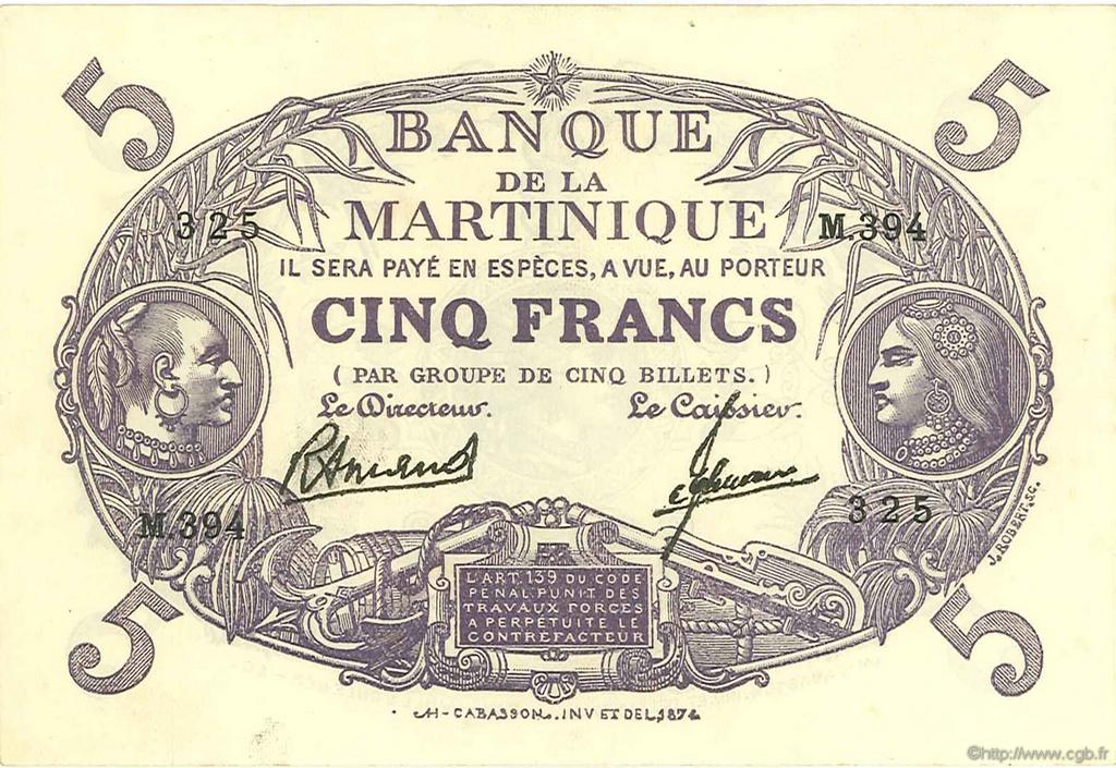 5 Francs Cabasson violet MARTINIQUE  1946 P.06C SPL
