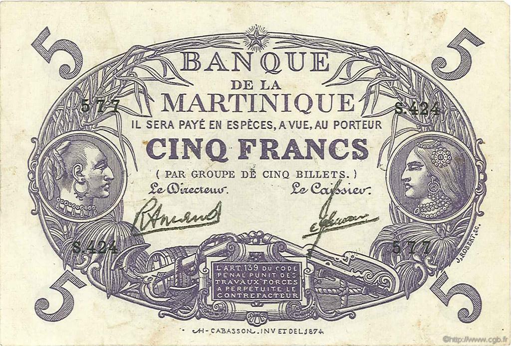 5 Francs Cabasson violet MARTINIQUE  1946 P.06C pr.TTB