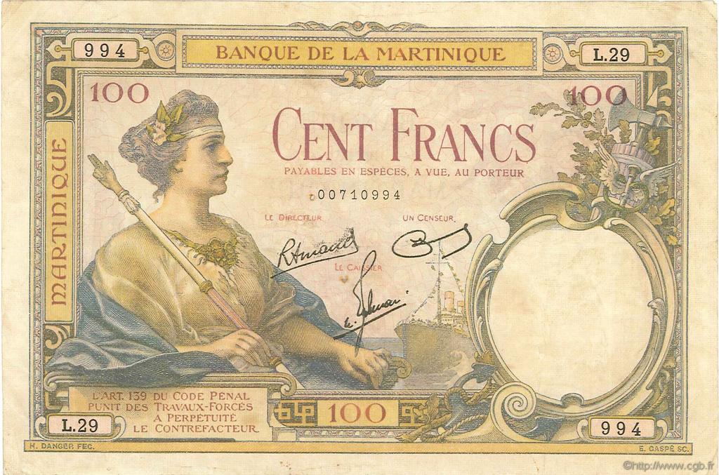 100 Francs MARTINIQUE  1945 P.13 TTB