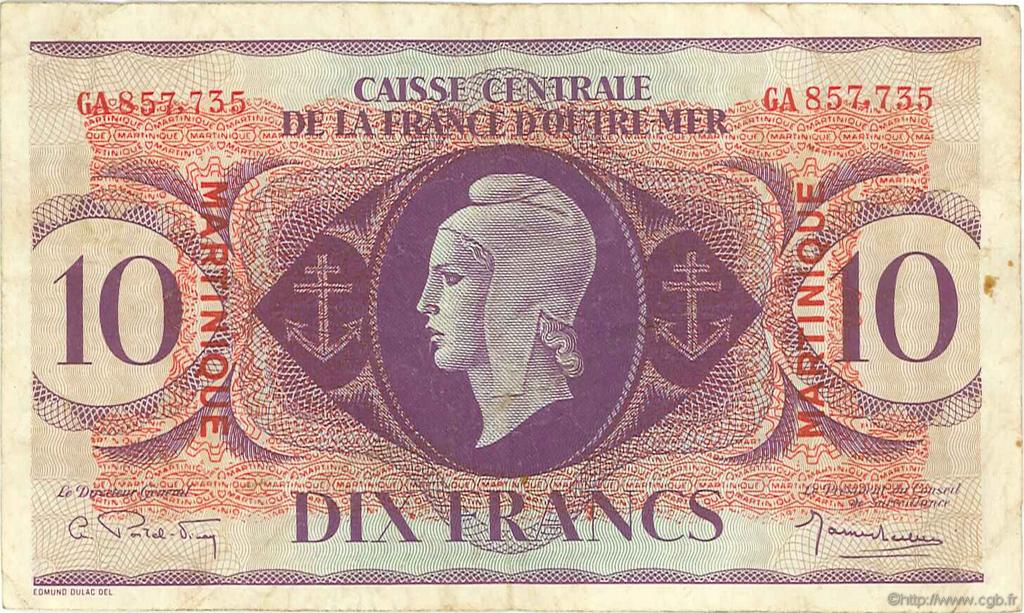 10 Francs MARTINIQUE  1944 P.23 TTB