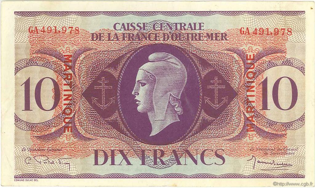 10 Francs MARTINIQUE  1944 P.23 XF-