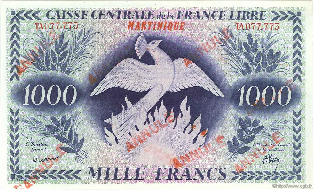 1000 Francs Phénix Annulé MARTINIQUE  1944 P.22b SPL