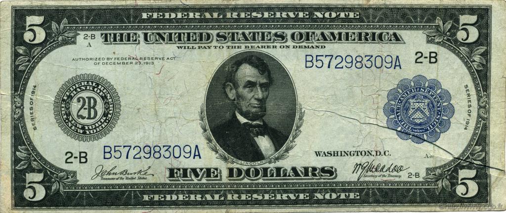 5 Dollars ÉTATS-UNIS D AMÉRIQUE New York 1914 P.359b TB+