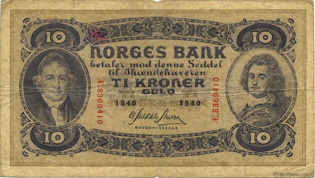 10 Kroner NORVÈGE  1940 P.08c TB