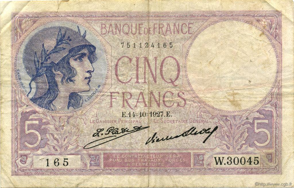5 Francs FEMME CASQUÉE FRANCE  1927 F.03.11 TB