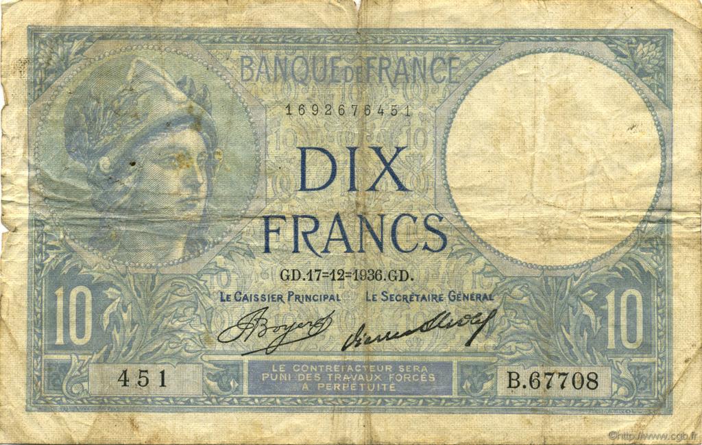 10 Francs MINERVE FRANKREICH  1936 F.06.17 fS