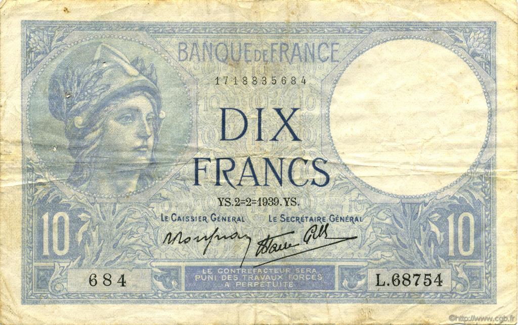 10 Francs MINERVE modifié FRANCE  1939 F.07.01 TB+