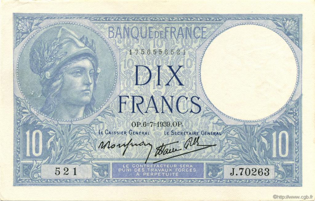 10 Francs MINERVE modifié FRANCE  1939 F.07.04 TTB à SUP