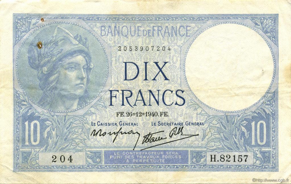 10 Francs MINERVE modifié FRANCE  1940 F.07.25 TTB