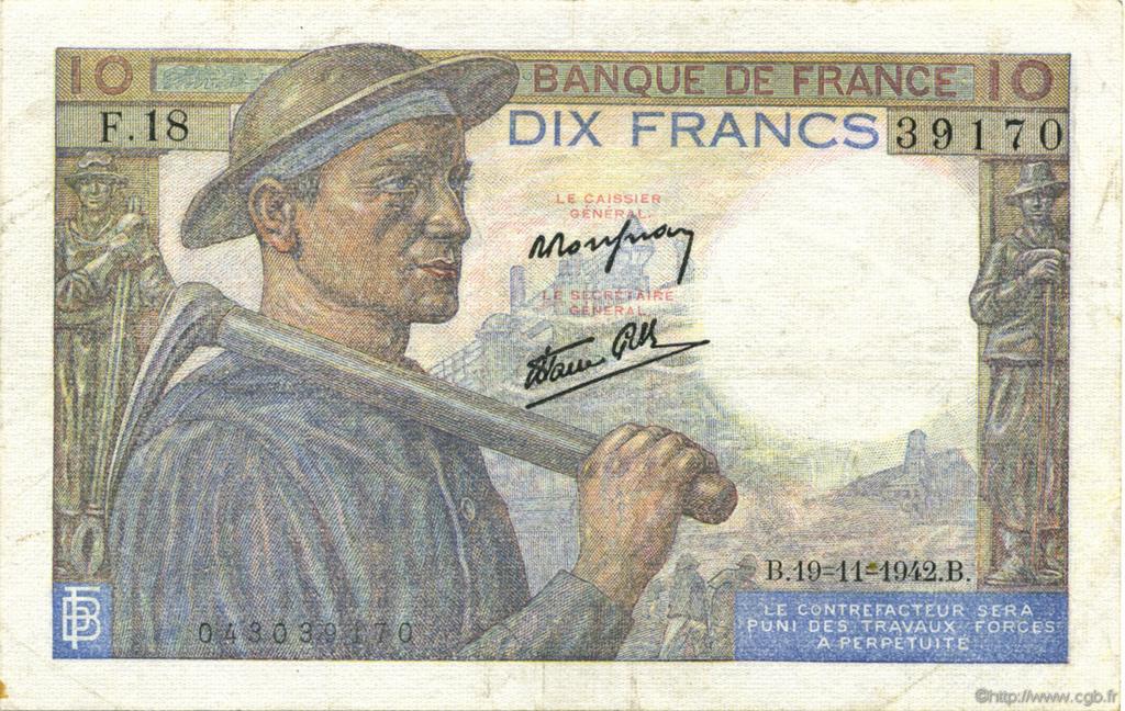 10 Francs MINEUR FRANCE  1942 F.08.05 TTB