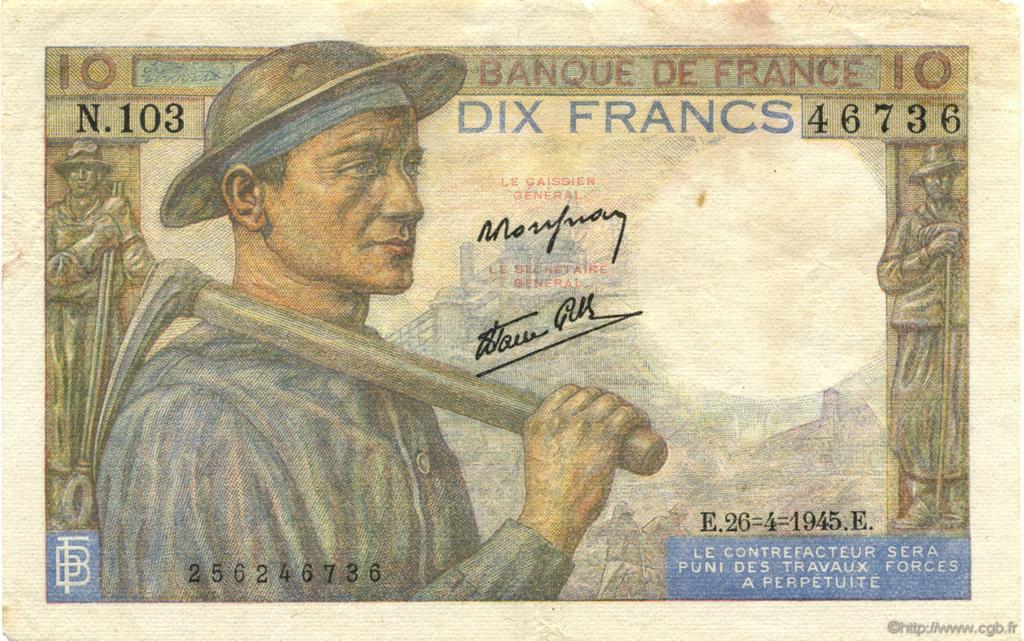 10 Francs MINEUR FRANCE  1945 F.08.14 pr.TTB