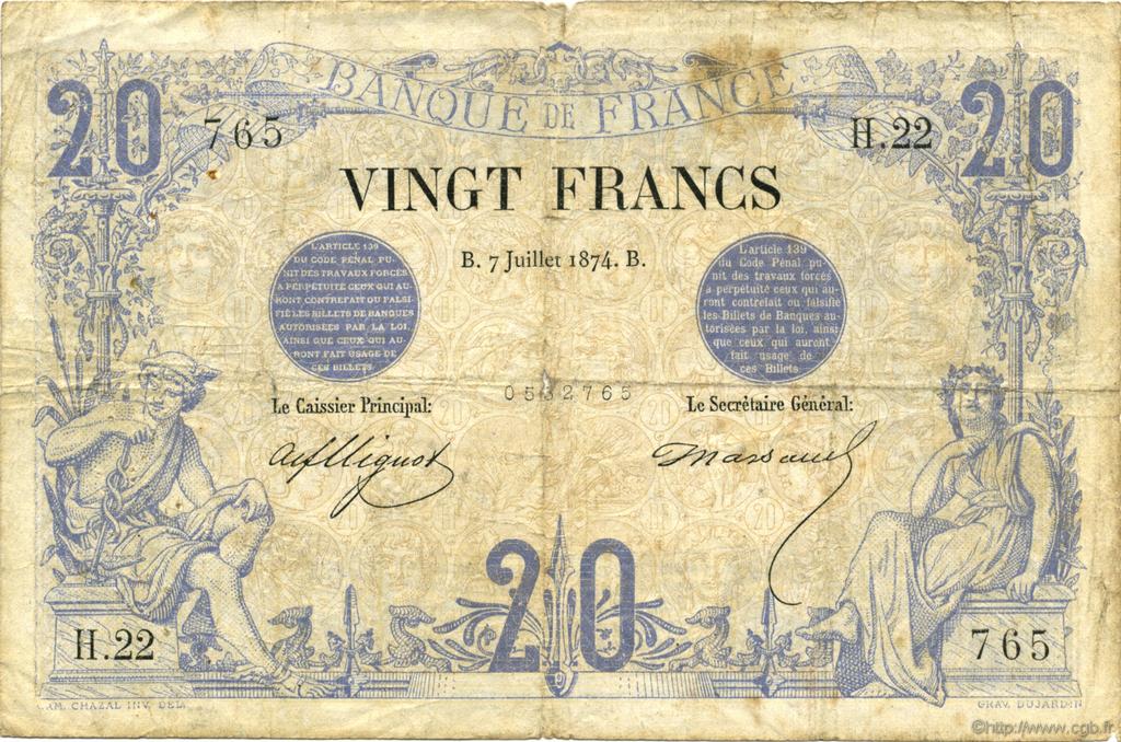 20 Francs NOIR FRANCE  1874 F.09.01 B à TB