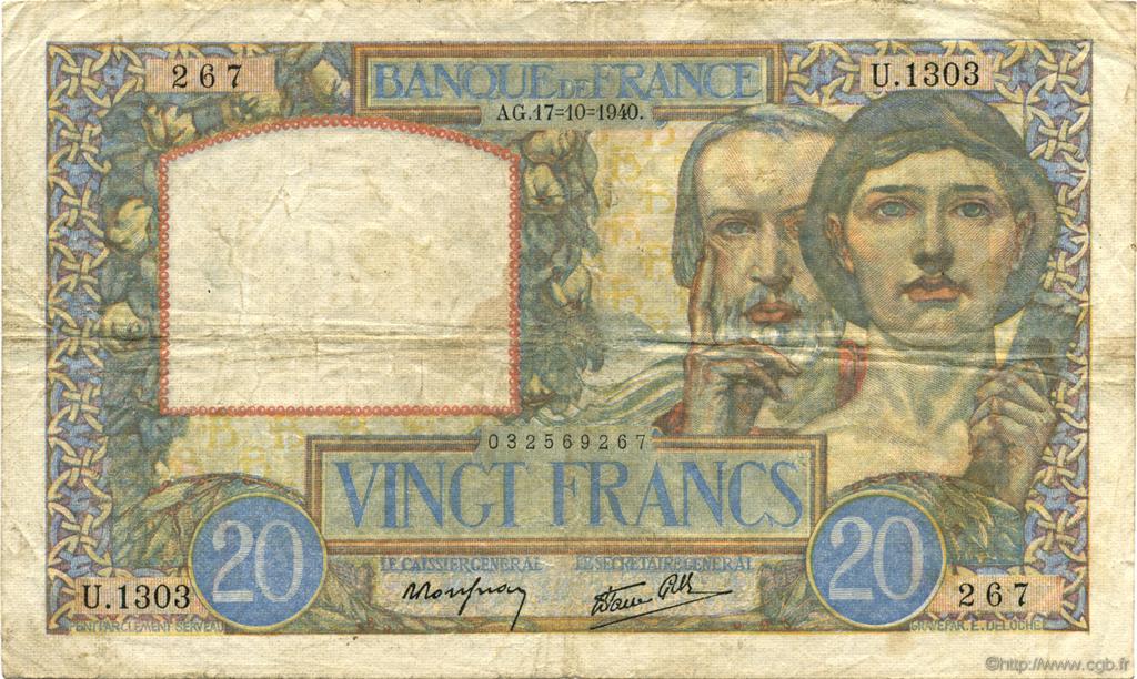 20 Francs TRAVAIL ET SCIENCE FRANCE  1940 F.12.09 pr.TTB