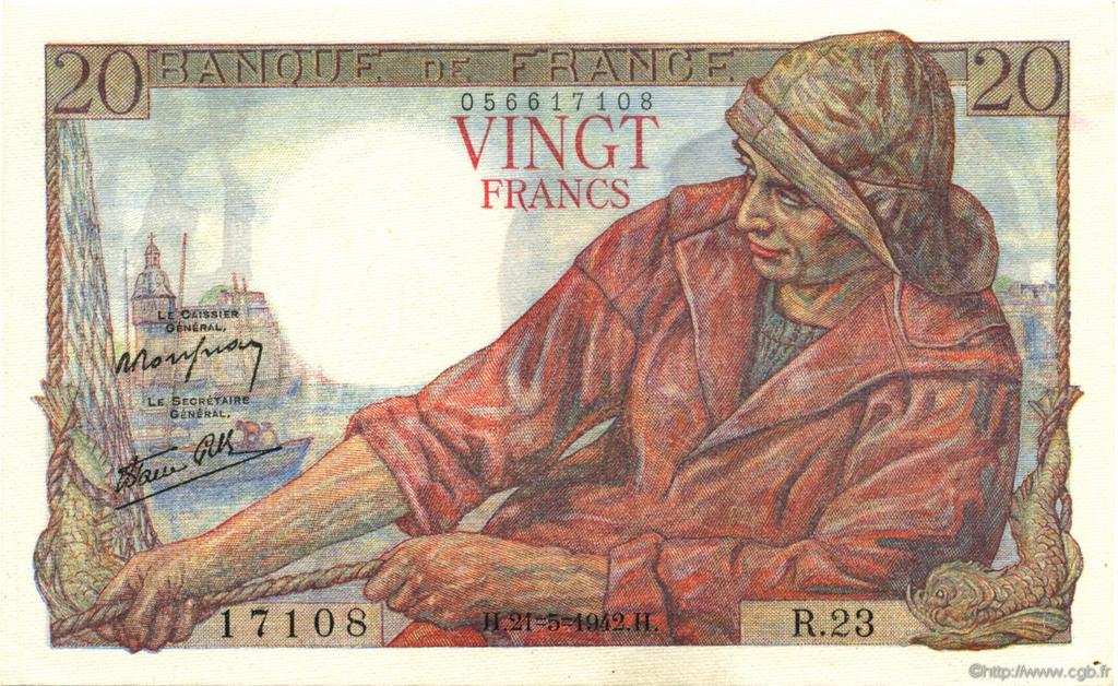 20 Francs PÊCHEUR FRANCE  1942 F.13.02 SUP+
