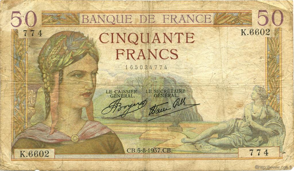 50 Francs CÉRÈS modifié FRANCE  1937 F.18.01 G