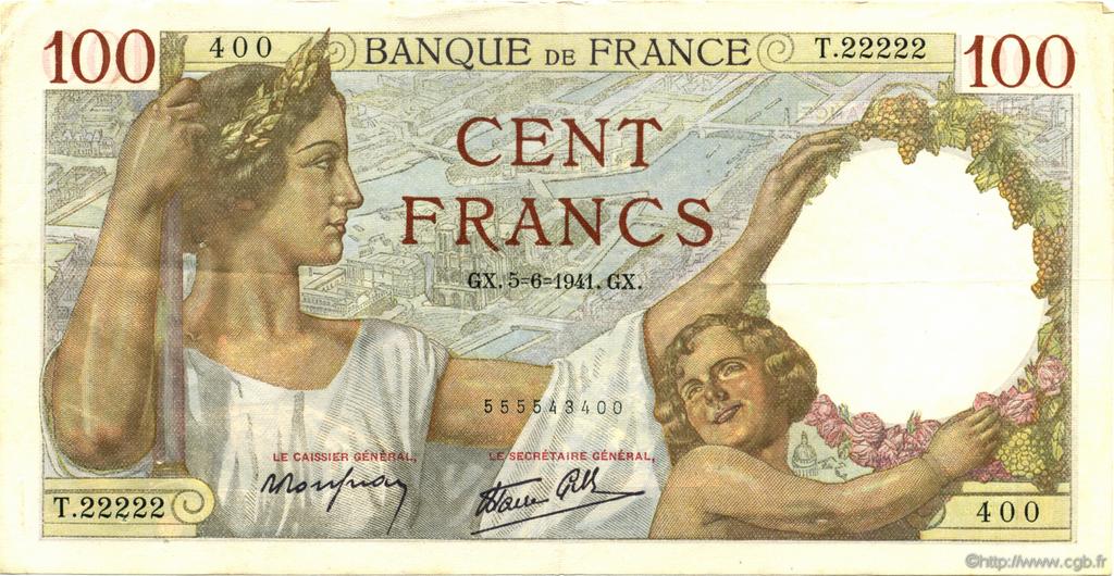 100 Francs SULLY FRANCE  1941 F.26.53 TTB à SUP