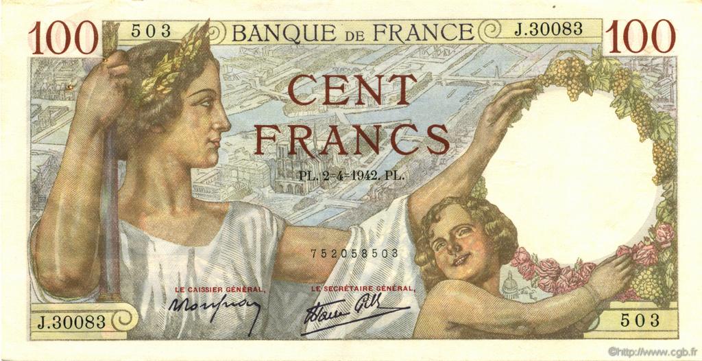 100 Francs SULLY FRANCE  1942 F.26.69 TTB à SUP