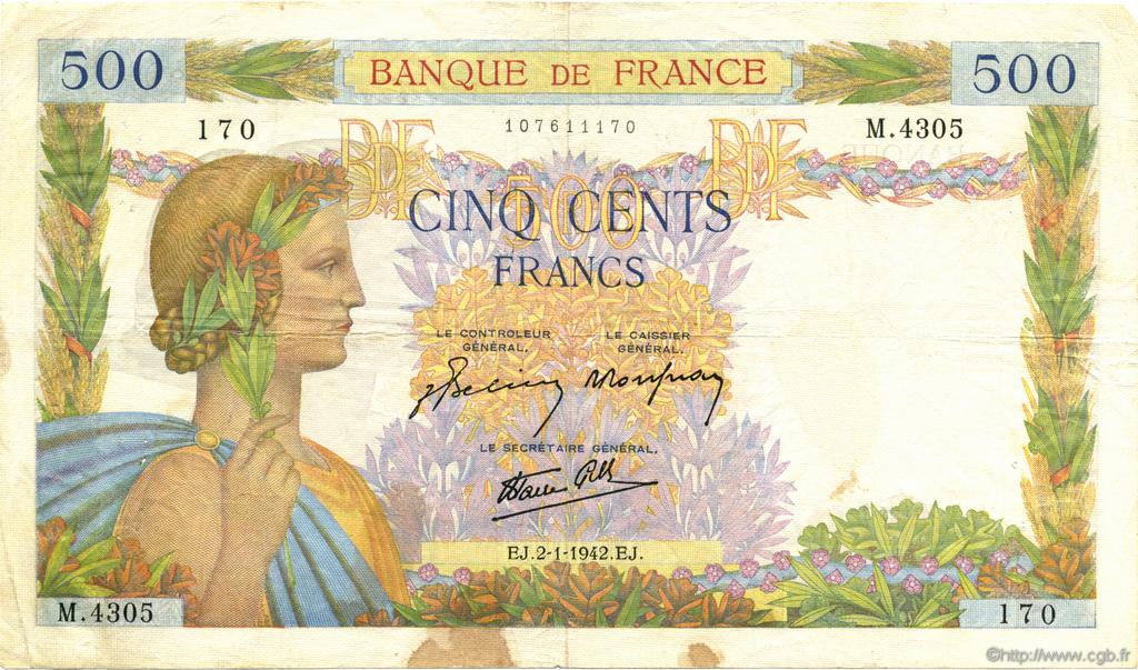 500 Francs LA PAIX FRANCE  1942 F.32.26 TB