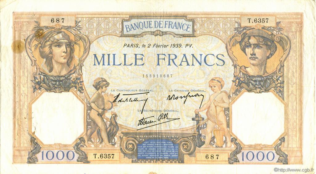 1000 Francs CÉRÈS ET MERCURE type modifié FRANCE  1939 F.38.34 TB à TTB