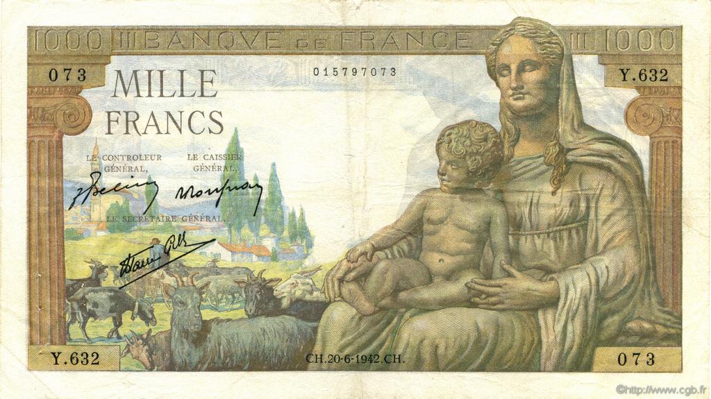 1000 Francs DÉESSE DÉMÉTER FRANCE  1942 F.40.03 pr.TTB